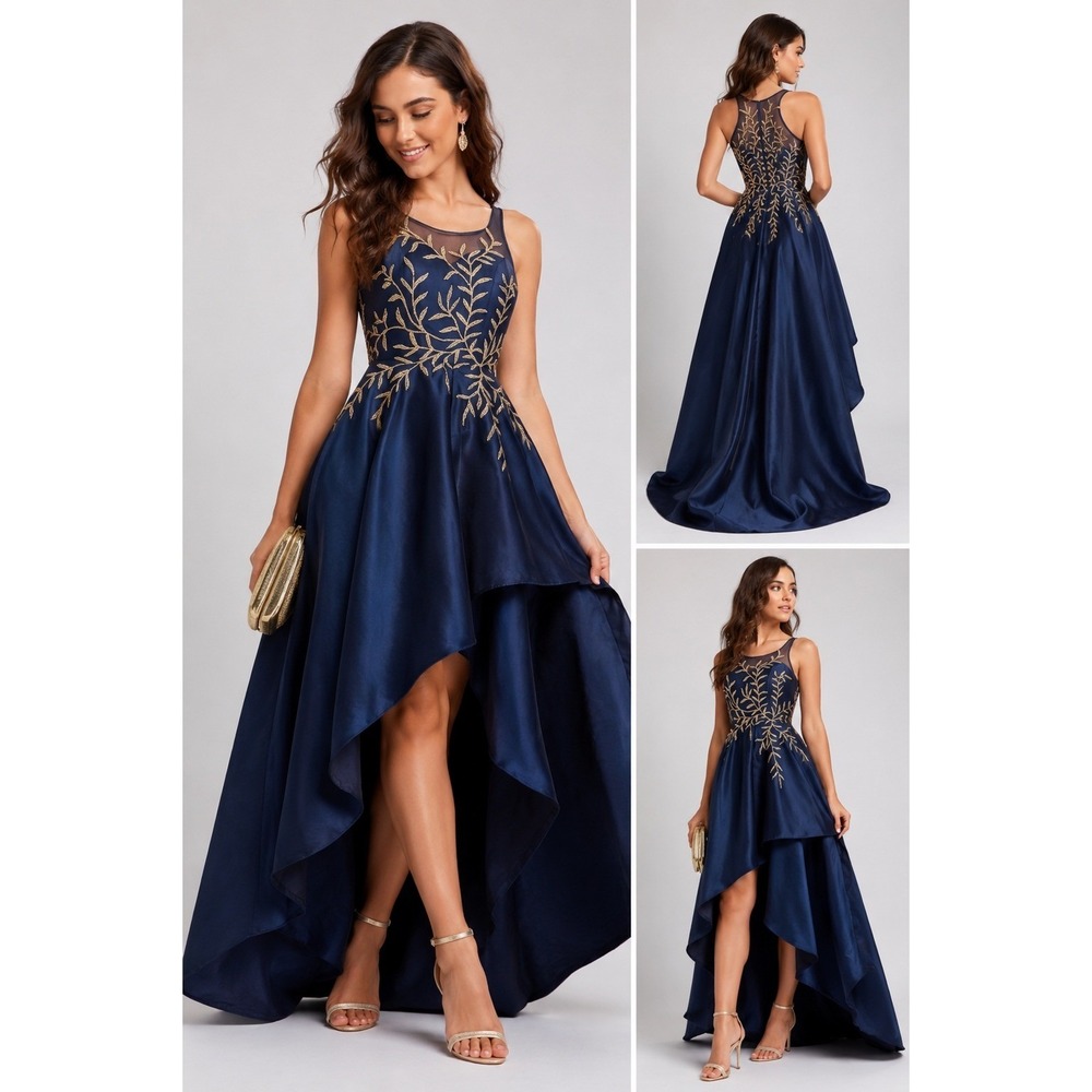 Say Yes to the Prom Navy Gold Embroidered High Low Evening Formal Gown Size 0